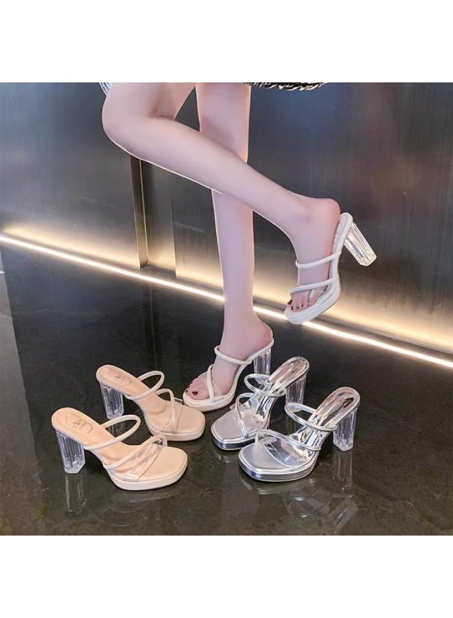 S High Heels New Transparent Sandals One-strap Chunky Heel Crystal Heel Sandals Slippers - Image 4