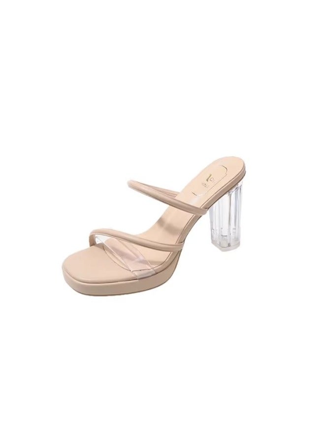 S High Heels New Transparent Sandals One-strap Chunky Heel Crystal Heel Sandals Slippers - Image 5