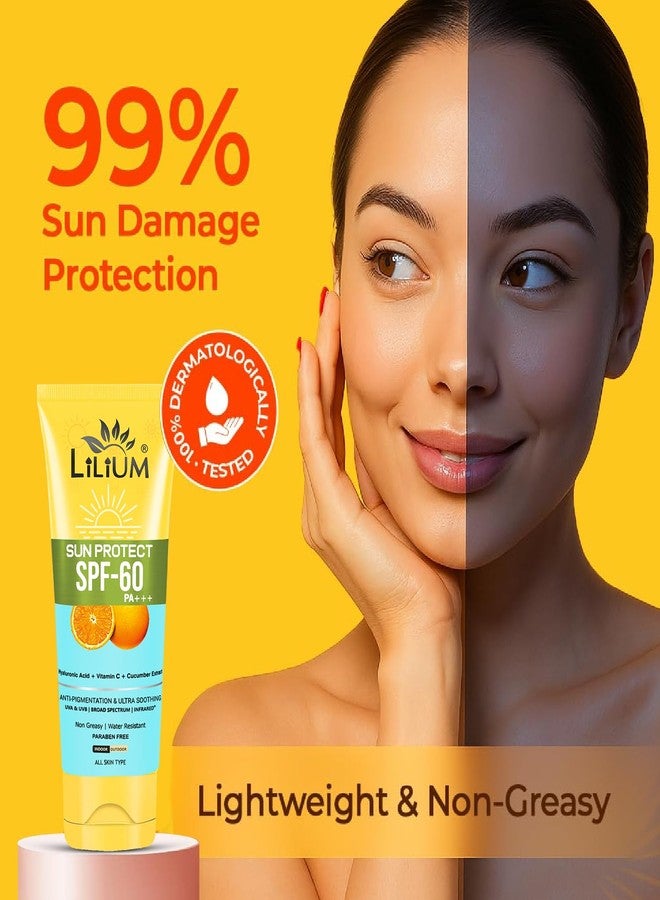 LILIUM Sun Protect SPF-60 PA+++ Sunscreen Cream | Vitamin C & Cucumber | Anti-Tanning & Ultra Soothing | Paraben-Free | Water Resistant | All Skin Types | 100g - Image 5