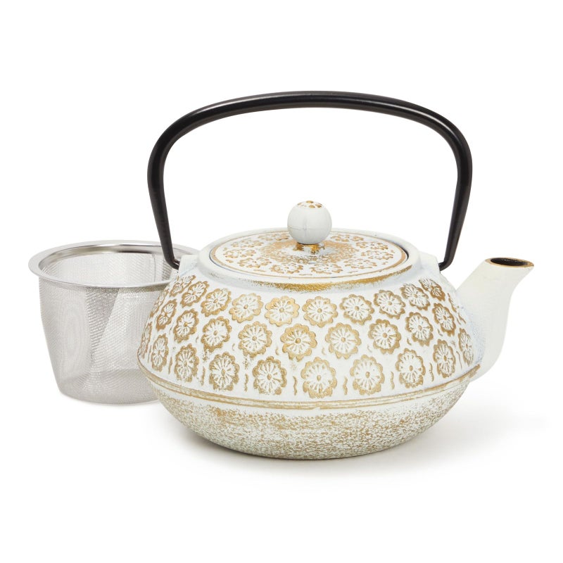 Juvale Floral Cast Iron Teapot 34 oz White With Stainless Steel Infuser Warmer Japanese Kettle for Loose Leaf Tea Stovetop Infuser Kettle