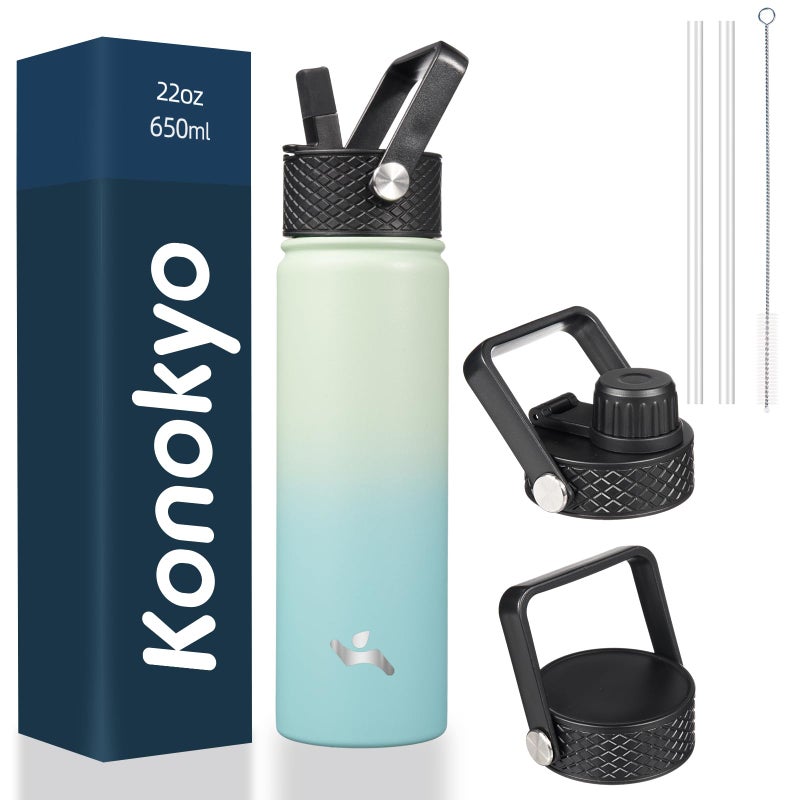 Konokyo 22oz Stainless Steel Bottles with 3 Lids Sport Insulated Water BottleMint