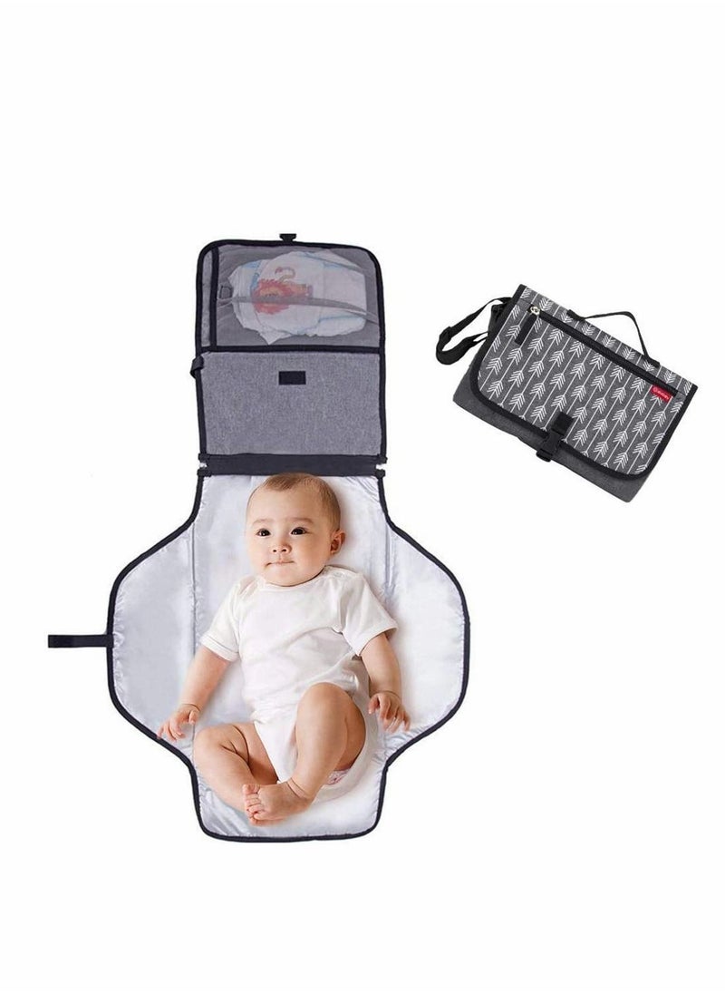 Y&D Premium Portable Baby Changing Mat with Padded Head Cushion Foldable Waterproof Infant Diaper Nappy Pad Bag/Clutch Pockets for Travel or Home (Grey)  - Image 1