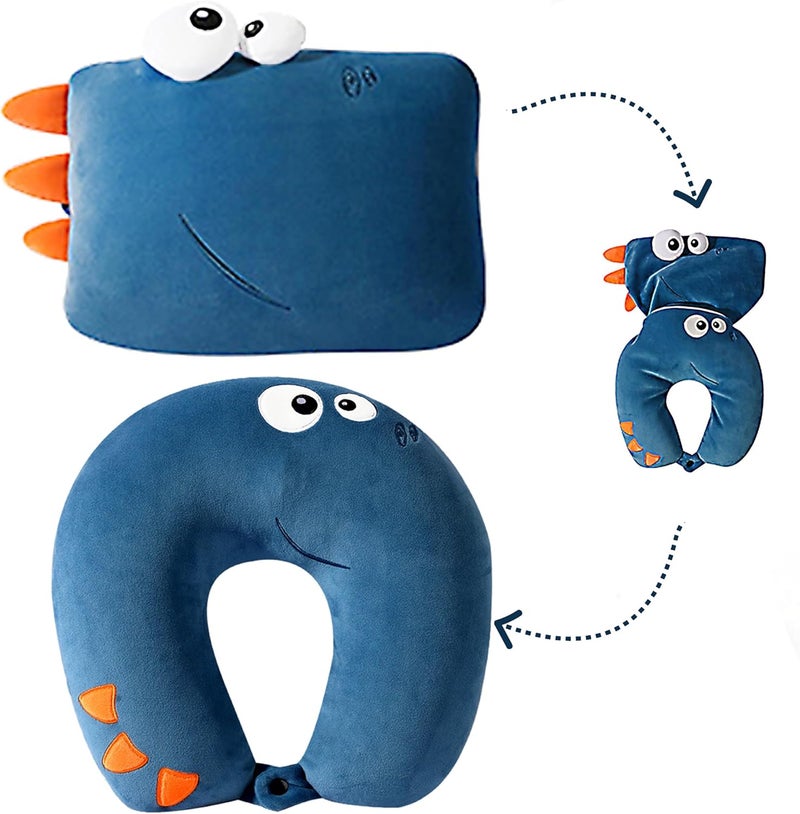 Khazna 2-in-1 Kids Travel Pillow - Navy Dinosaur Neck Support for Airplane and Car - Image 1