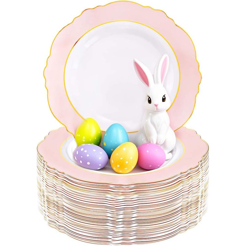 WDF 60pcs Pink Plastic Plates - 10.25inch Baroque Pink And Gold Disposable Dinner Plates for Upscale Parties -Special for Easter/Baby Shower/Birthday/Spring - Image 1