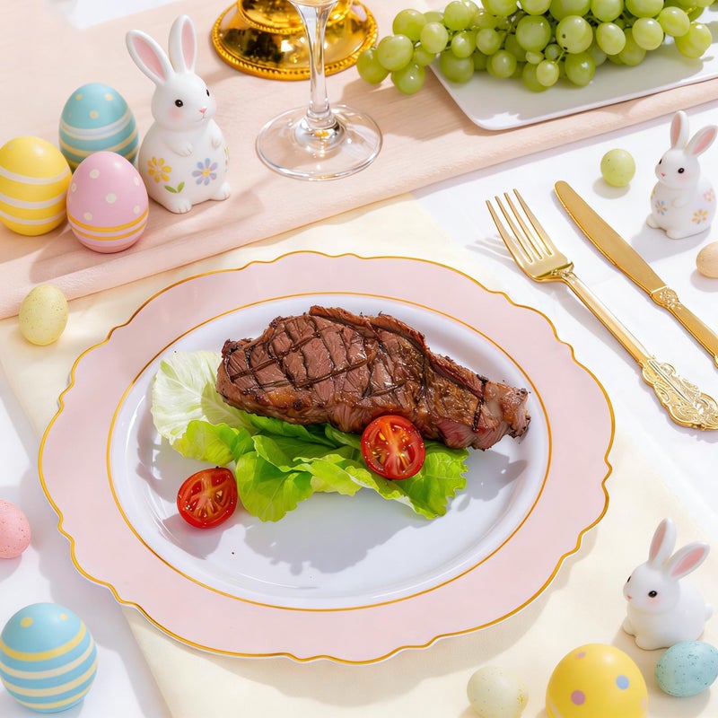 WDF 60pcs Pink Plastic Plates - 10.25inch Baroque Pink And Gold Disposable Dinner Plates for Upscale Parties -Special for Easter/Baby Shower/Birthday/Spring - Image 3