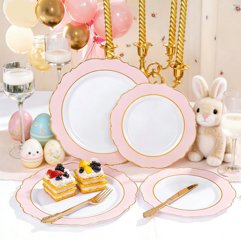 WDF 60pcs Pink Plastic Plates - 10.25inch Baroque Pink And Gold Disposable Dinner Plates for Upscale Parties -Special for Easter/Baby Shower/Birthday/Spring - Image 5