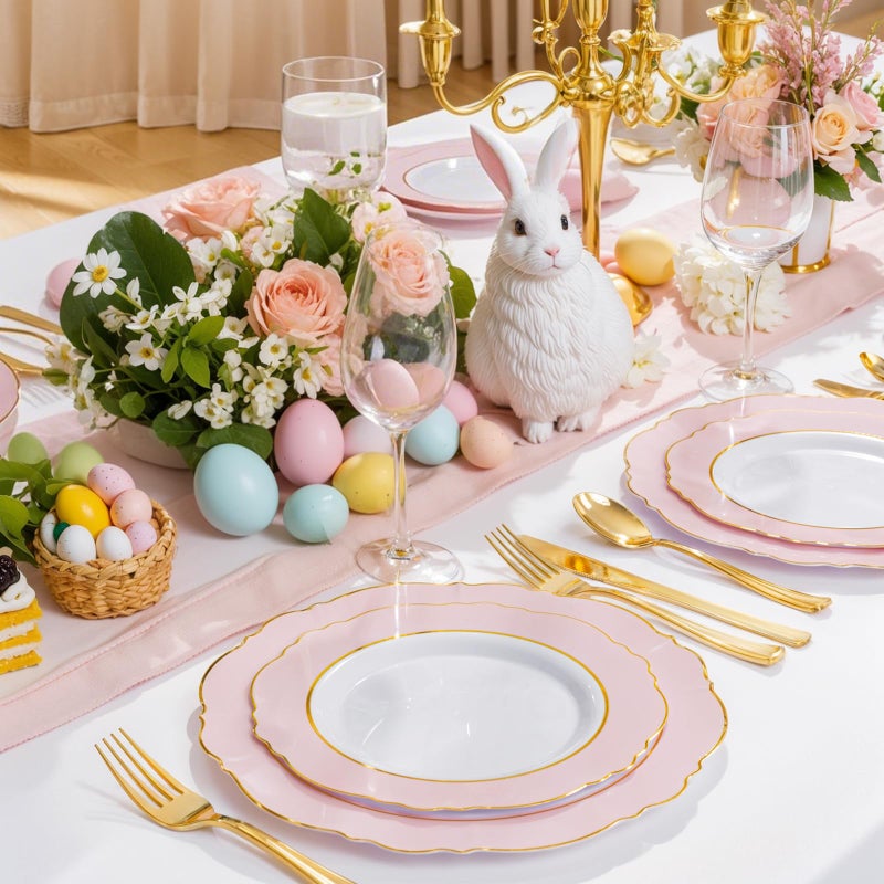 WDF 60pcs Pink Plastic Plates - 10.25inch Baroque Pink And Gold Disposable Dinner Plates for Upscale Parties -Special for Easter/Baby Shower/Birthday/Spring - Image 2