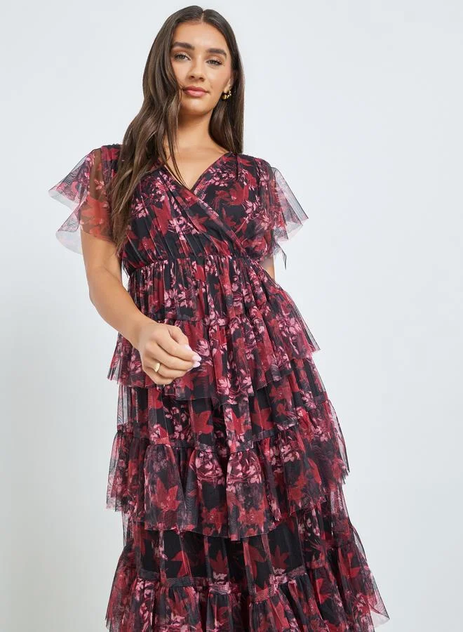 ستايلي فستان طويل متعدد الطبقات بنقشة زهور