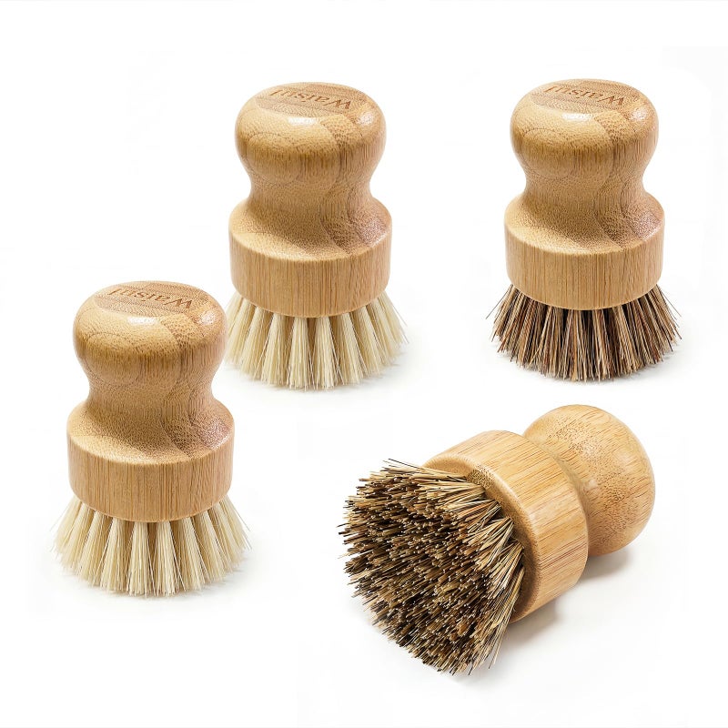 Waisul Bamboo Dish Brush Set, 4 Pack, Plastic-Free (2 Medium Sisal, 2 Firm Coconut Coir), Dish Scrubber & Vegetable Brush for Cast Iron, Nonstick - Image 1