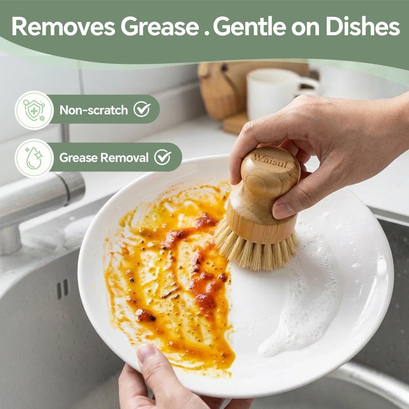 Waisul Bamboo Dish Brush Set, 4 Pack, Plastic-Free (2 Medium Sisal, 2 Firm Coconut Coir), Dish Scrubber & Vegetable Brush for Cast Iron, Nonstick - Image 2