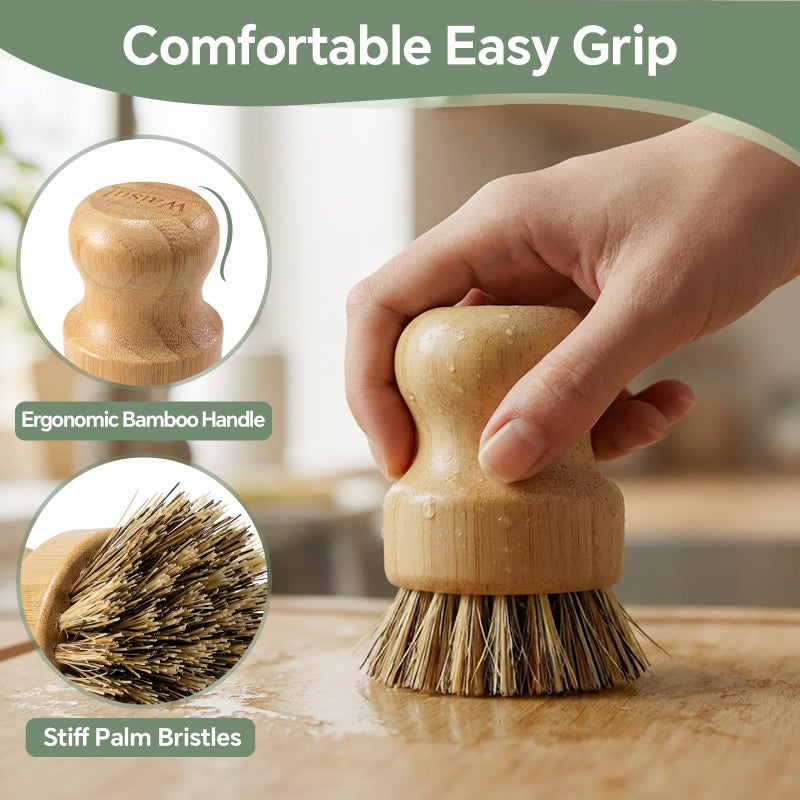 Waisul Bamboo Dish Brush Set, 4 Pack, Plastic-Free (2 Medium Sisal, 2 Firm Coconut Coir), Dish Scrubber & Vegetable Brush for Cast Iron, Nonstick - Image 5