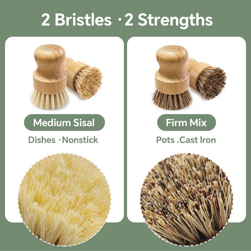 Waisul Bamboo Dish Brush Set, 4 Pack, Plastic-Free (2 Medium Sisal, 2 Firm Coconut Coir), Dish Scrubber & Vegetable Brush for Cast Iron, Nonstick - Image 3