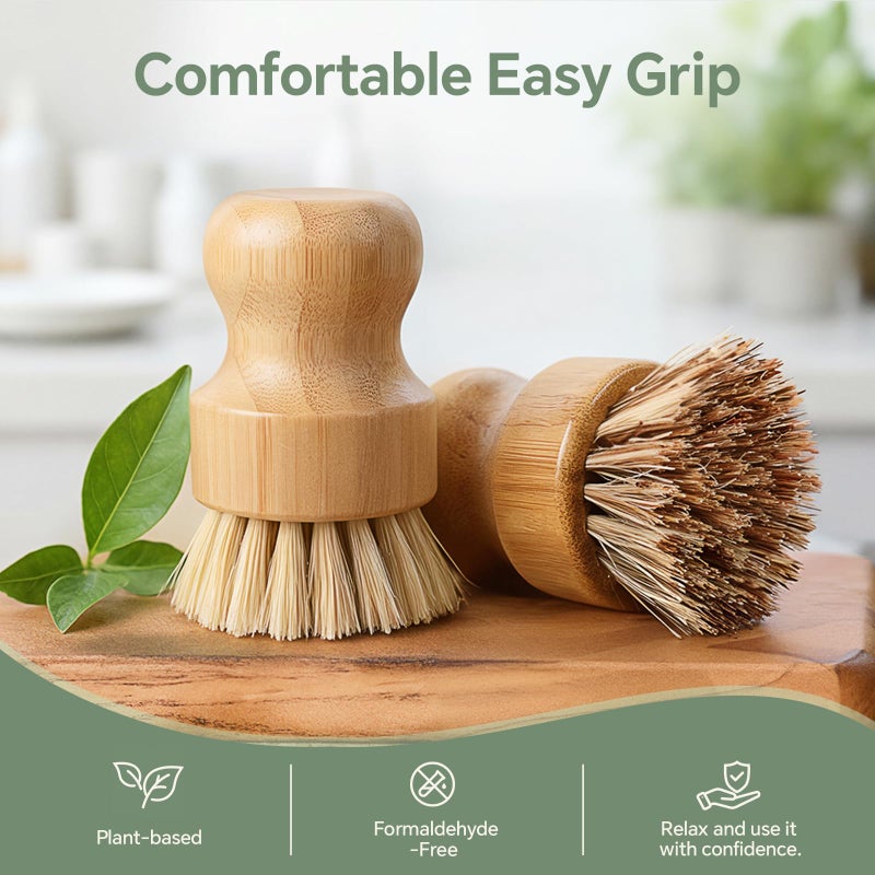 Waisul Bamboo Dish Brush Set, 4 Pack, Plastic-Free (2 Medium Sisal, 2 Firm Coconut Coir), Dish Scrubber & Vegetable Brush for Cast Iron, Nonstick - Image 4