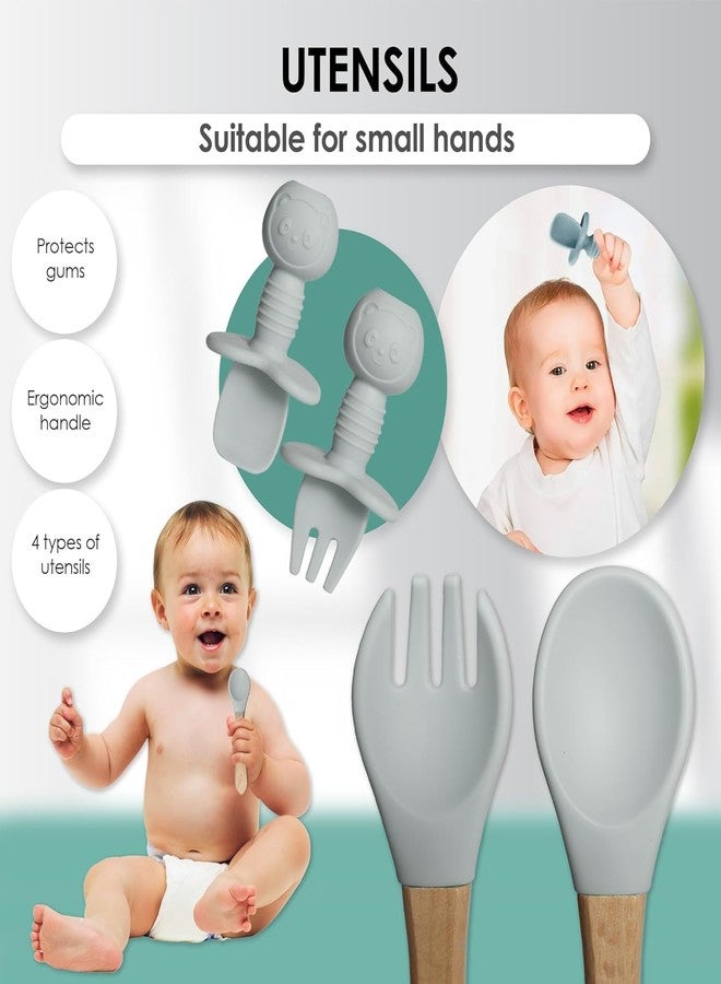 QLECT BPA Free Silicone Baby Feeding Set,Baby Led Weaning Supplies,Eating Essentials Utensils with Suction Plate & Bowl,Pocket Bib,Sippy Cup with Lid,Forks Spoons for Baby&Toddler 6+ Months,Grey - Image 4