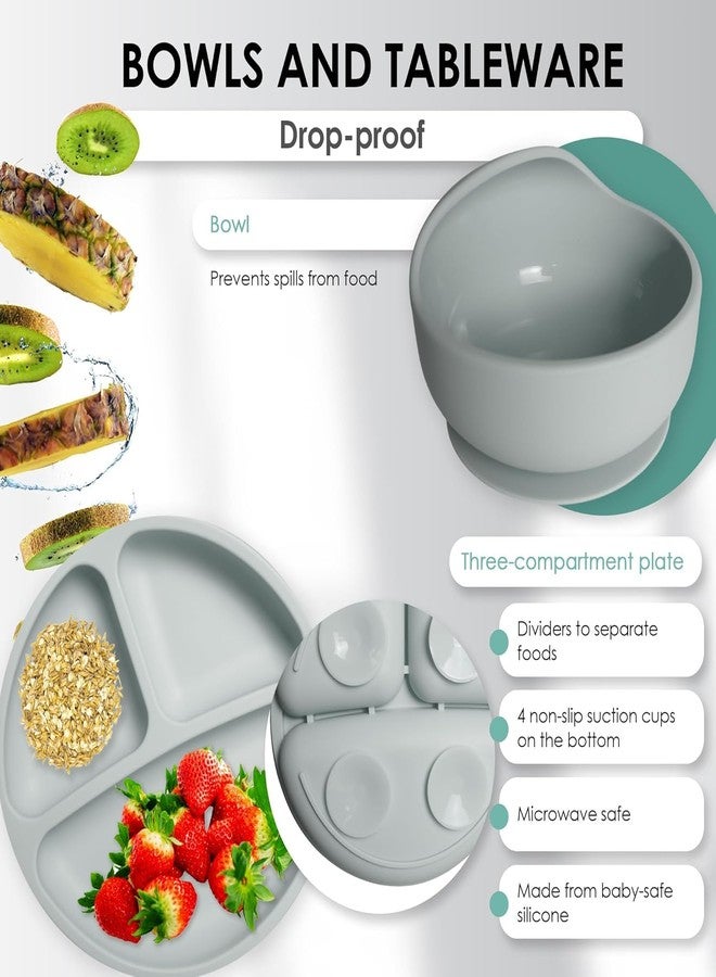 QLECT BPA Free Silicone Baby Feeding Set,Baby Led Weaning Supplies,Eating Essentials Utensils with Suction Plate & Bowl,Pocket Bib,Sippy Cup with Lid,Forks Spoons for Baby&Toddler 6+ Months,Grey - Image 3