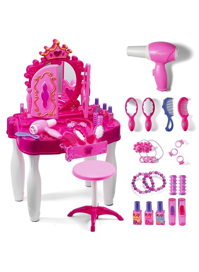 Play22 Play22 Pretend Play Girls Vanity Set with Mirror and Stool 21 PCS - Kids Makeup Vanity Table Set with Lights and Sounds - Includes Fashion Hair & Makeup Accessories, Blowdryer  - Image 5