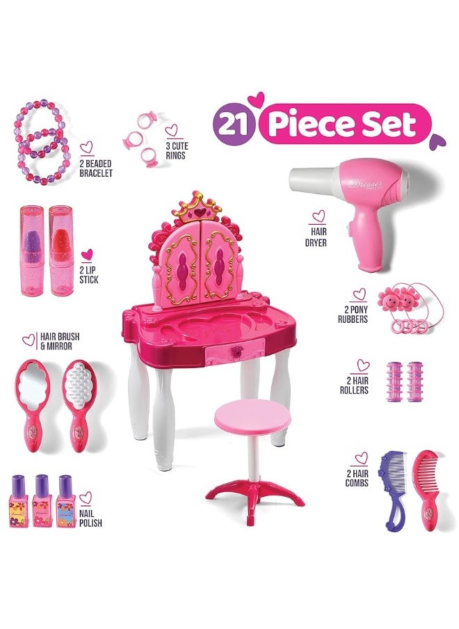 Play22 Play22 Pretend Play Girls Vanity Set with Mirror and Stool 21 PCS - Kids Makeup Vanity Table Set with Lights and Sounds - Includes Fashion Hair & Makeup Accessories, Blowdryer  - Image 4
