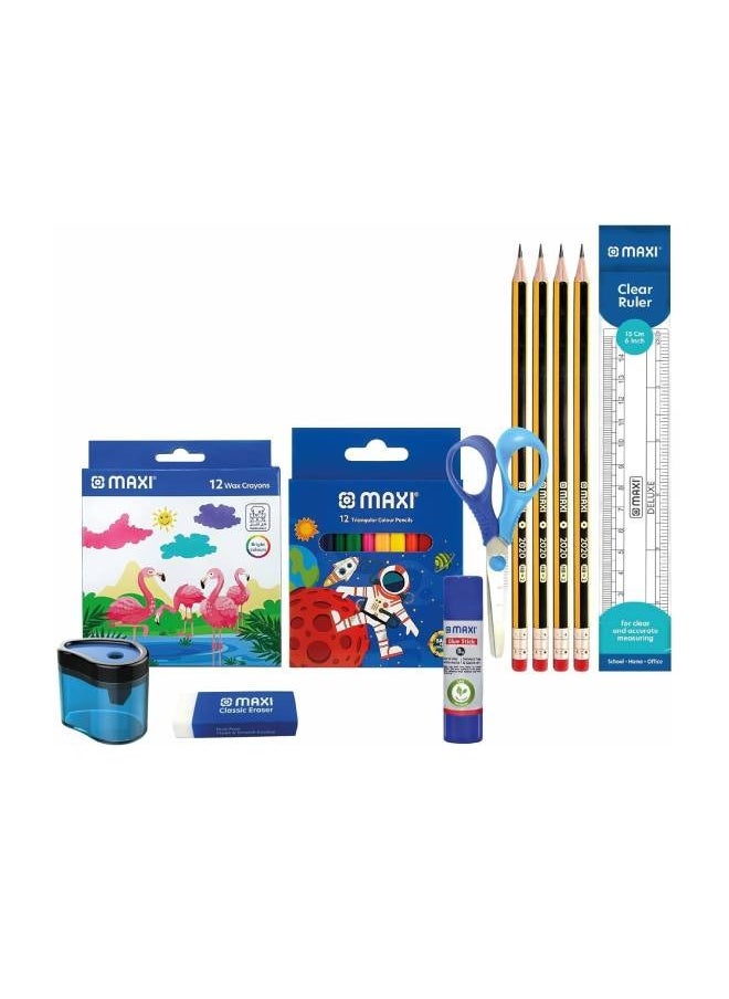 Maxi - School Stationery Basic Kit,Wax crayons 12col+Colour pencil 12col+Graphite pencil 4pcs+Sharpener+Ruler15cm+glue stick 8gm+Child Scissors + Eraser - Image 1