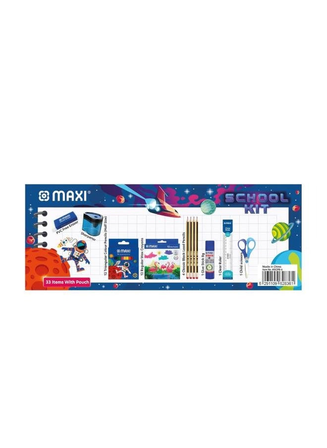 Maxi - School Stationery Basic Kit,Wax crayons 12col+Colour pencil 12col+Graphite pencil 4pcs+Sharpener+Ruler15cm+glue stick 8gm+Child Scissors + Eraser - Image 1
