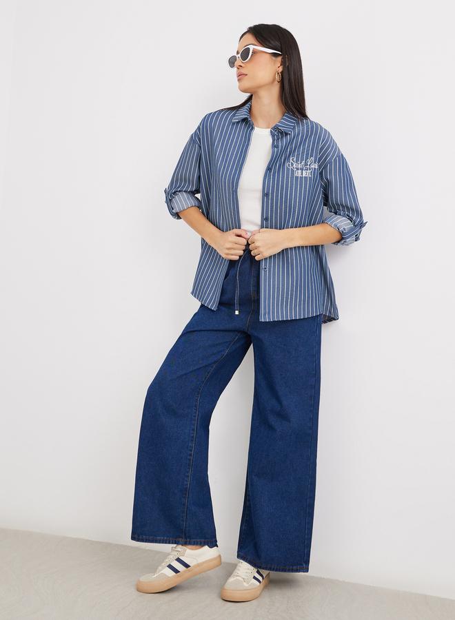 Styli Navy Blue Back Embroidered Striped Oversized Shirt - Image 3