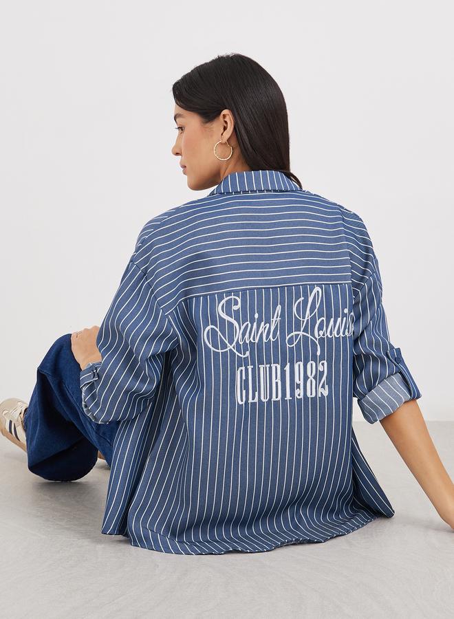Styli Navy Blue Back Embroidered Striped Oversized Shirt - Image 5