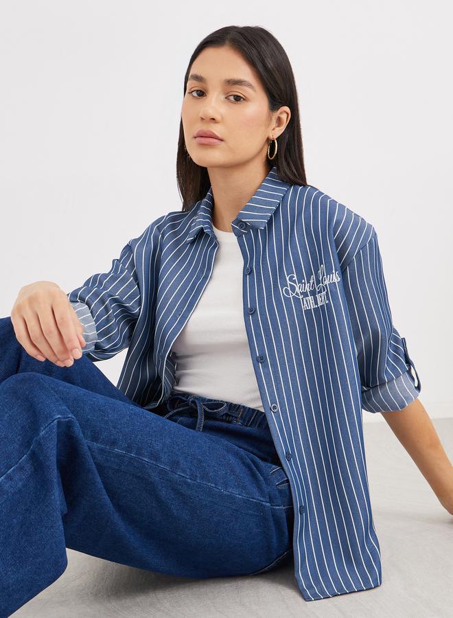 Styli Navy Blue Back Embroidered Striped Oversized Shirt - Image 1