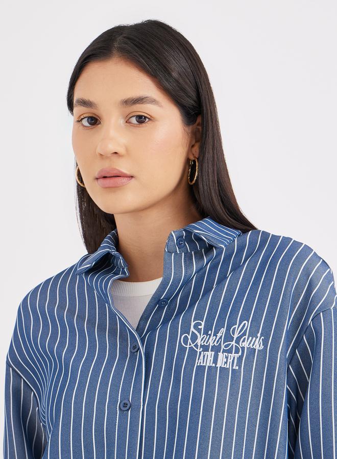Styli Navy Blue Back Embroidered Striped Oversized Shirt - Image 4