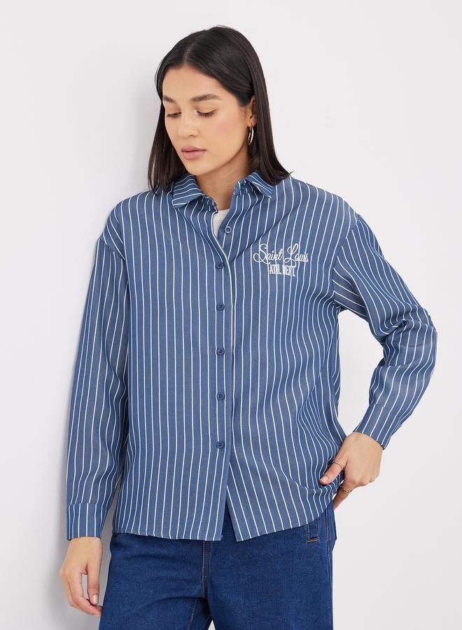 Styli Navy Blue Back Embroidered Striped Oversized Shirt - Image 1
