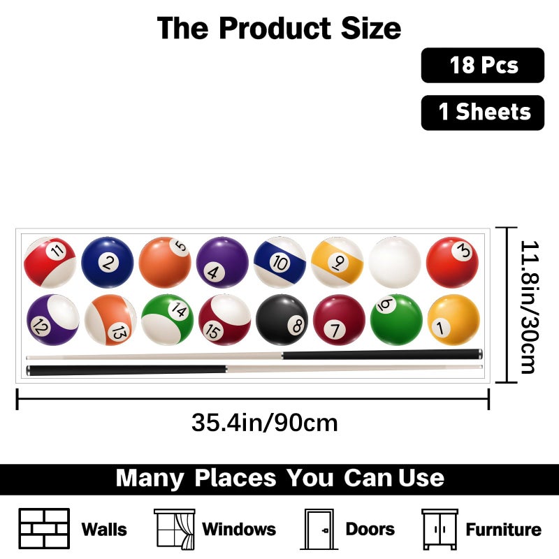 PLIGREAT Coloful Billiard Wall Decals, Lifelike Balls Wall Stickers Peel and Stick Vinyl Pool Table Art Decor for Playroom Bedroom Nursery Living Home Indoor Decoration, 35.4"x11.8" - Image 4