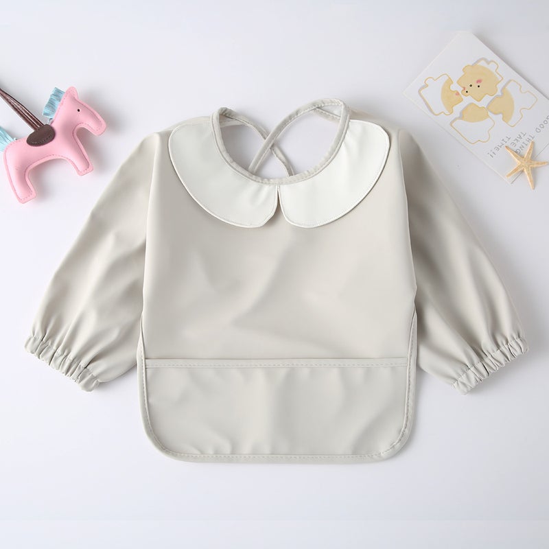 Korean Baby Long Sleeve PU Feeding Apron Plain Coat-Light Grey
