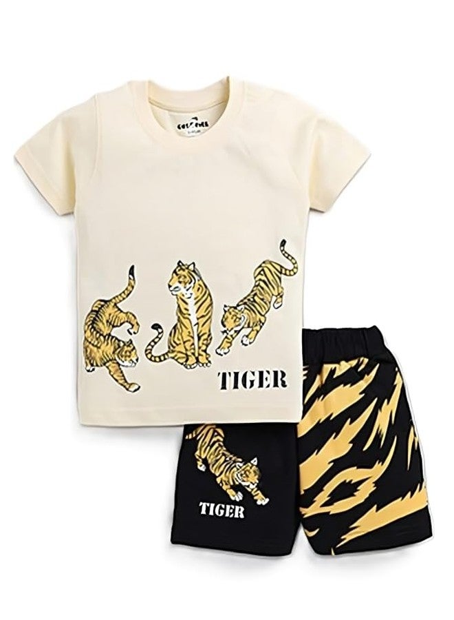RIZZQ Kids Dress for Boys | Printed Round Neck Half Sleeve T-shirt and Pant Clothing Set for Baby Boys-Cream Tiger (Cream, 4-5 Year) - Image 5