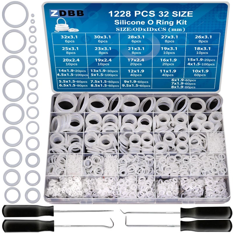 ZDBB 32 Size 1228 PCS Clear Food Grade Silicone O-Ring Kit, White Oil and Heat Resistant VMQ Seal O-Ring Washer Set for Sealing Faucets and Plumbing with Hook and Pick - Image 1