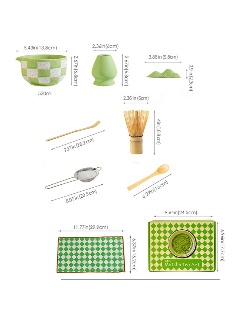 Aikanbo 8pcs Traditional Matcha Tea Ceremony Set，green Ceramic Bowl with Bamboo Whisk， Holder and Strainer Elegant Matcha Set for Gifting and Personal Use，Gift Box Packaging（Green Grid） - Image 4