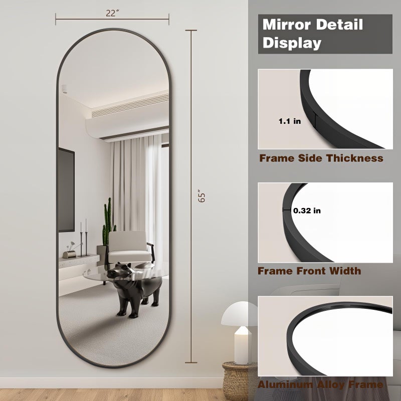 Niccy 65"Ã—22" Oval Full Length Mirrors, Long Wall-Mounted Mirror with Aluminum Frame, Large Body Mirrors for Living Room, Explosion-Proof Hanging Wall Mirror for Bathroom Bedroom Entryway Decor, Black - Image 3