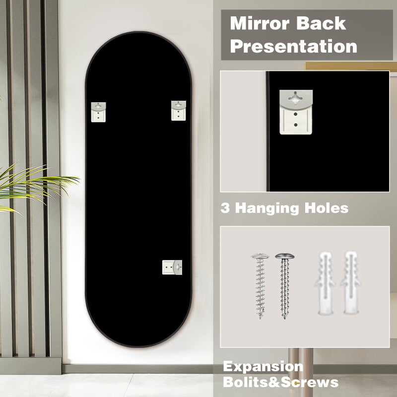 Niccy 65"Ã—22" Oval Full Length Mirrors, Long Wall-Mounted Mirror with Aluminum Frame, Large Body Mirrors for Living Room, Explosion-Proof Hanging Wall Mirror for Bathroom Bedroom Entryway Decor, Black - Image 4