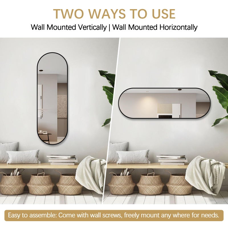Niccy 65"Ã—22" Oval Full Length Mirrors, Long Wall-Mounted Mirror with Aluminum Frame, Large Body Mirrors for Living Room, Explosion-Proof Hanging Wall Mirror for Bathroom Bedroom Entryway Decor, Black - Image 5