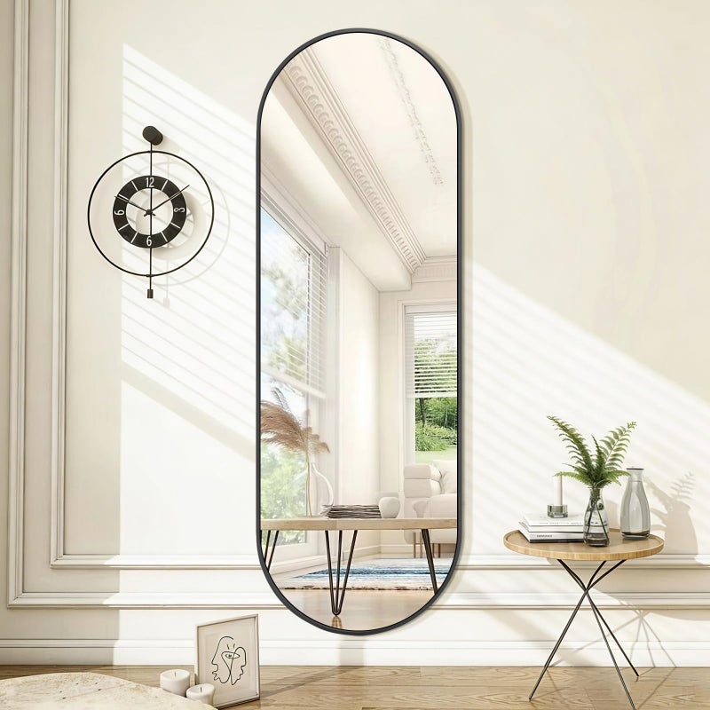 Niccy 65"Ã—22" Oval Full Length Mirrors, Long Wall-Mounted Mirror with Aluminum Frame, Large Body Mirrors for Living Room, Explosion-Proof Hanging Wall Mirror for Bathroom Bedroom Entryway Decor, Black - Image 1