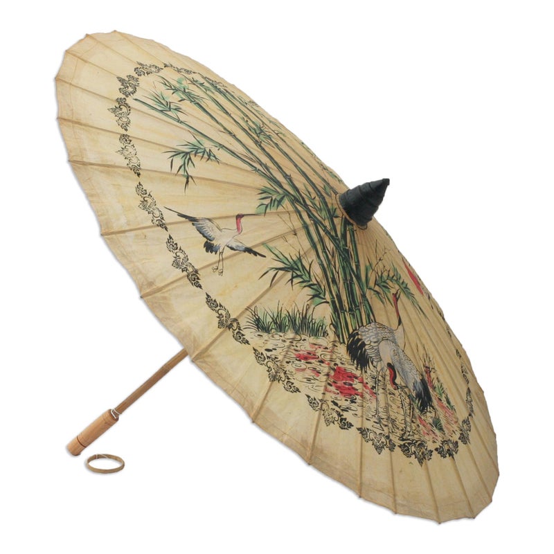 NOVICA Bird and Flower Saa Paper and Bamboo Parasol Crane Morning