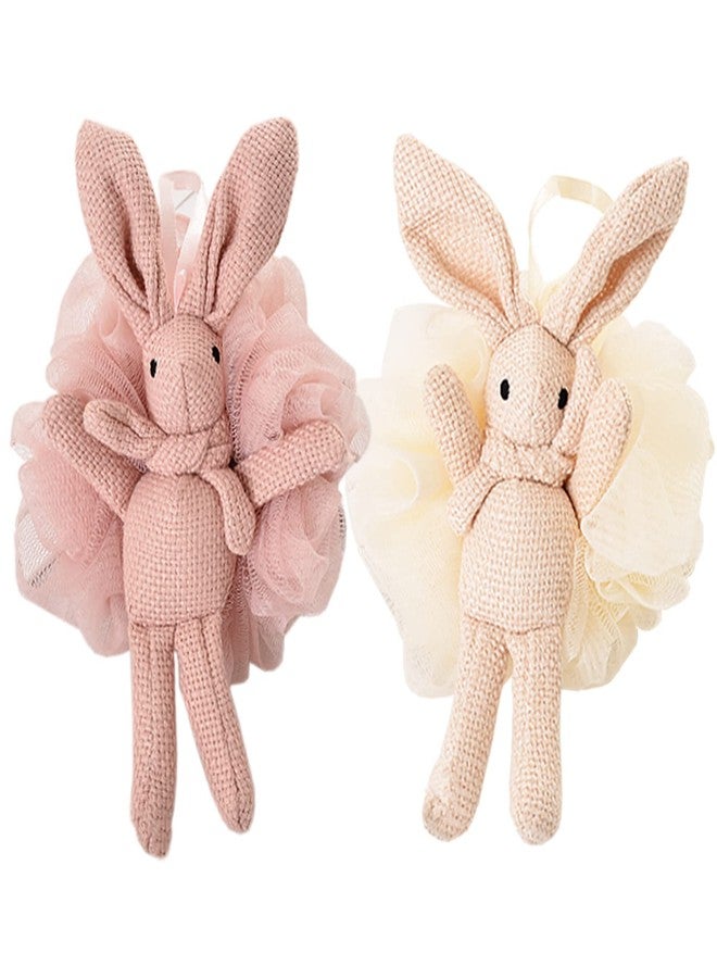 Yisella Kids Bath Loofah for Girls and Women,Soft Mesh Luffa with Cute Bunny Animal Character Exfoliating Body Scrubber Bath Sponge for Shower (2 Piece) - Pink & White - Image 1
