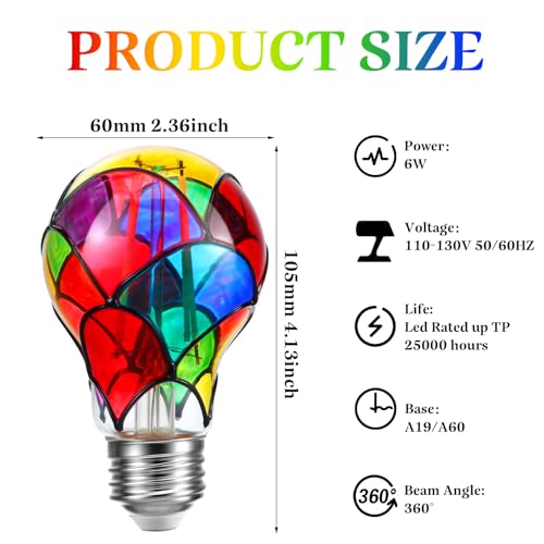 VIHOSE 4 Pcs Stained Glass Light Bulb E26 LED Multicolor Bulbs Vintage Rainbow Light 6w for Home Lighting Balcony Festive Atmosphere A19A60 - Image 3