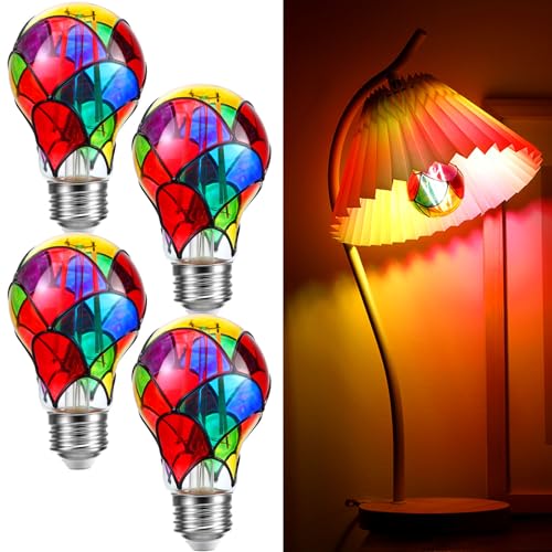 VIHOSE 4 Pcs Stained Glass Light Bulb E26 LED Multicolor Bulbs Vintage Rainbow Light 6w for Home Lighting Balcony Festive Atmosphere A19A60 - Image 1