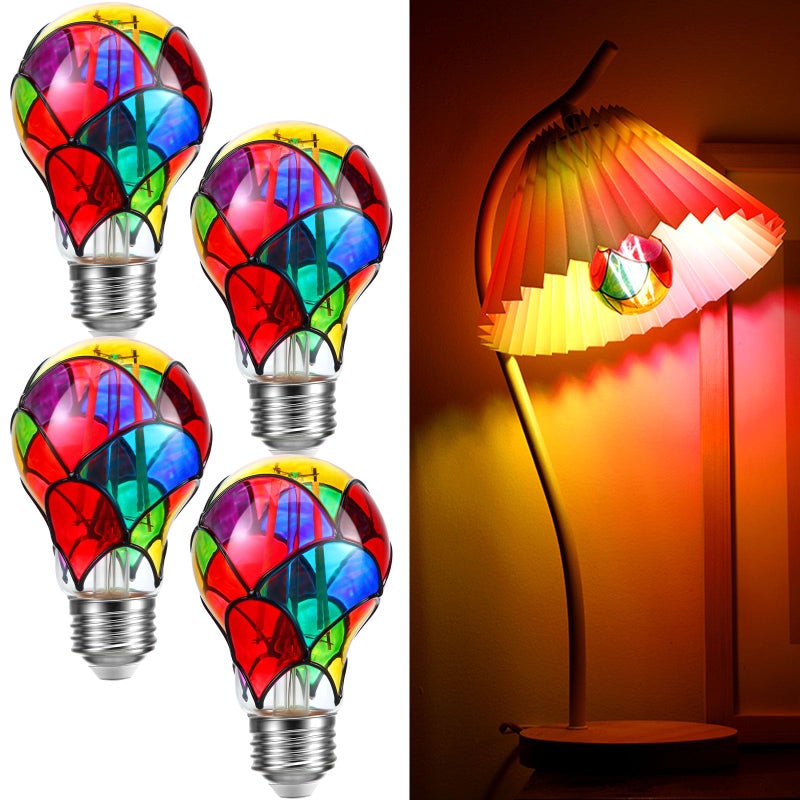 VIHOSE 4 Pcs Stained Glass Light Bulb E26 LED Multicolor Bulbs Vintage Rainbow Light 6w for Home Lighting Balcony Festive Atmosphere A19A60 - Image 2