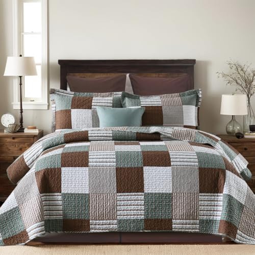 KALOOLA Plaid King Size Quilt Set, 100% Cotton Lightweight Quilted Bedspread with 2 Pillowshams for King Bed, Farmhouse Printed Bedding Set Coverlet for All Season, 3Pcs, Brown/Green - Image 1