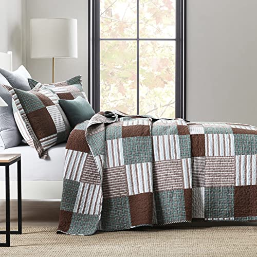 KALOOLA Plaid King Size Quilt Set, 100% Cotton Lightweight Quilted Bedspread with 2 Pillowshams for King Bed, Farmhouse Printed Bedding Set Coverlet for All Season, 3Pcs, Brown/Green - Image 3