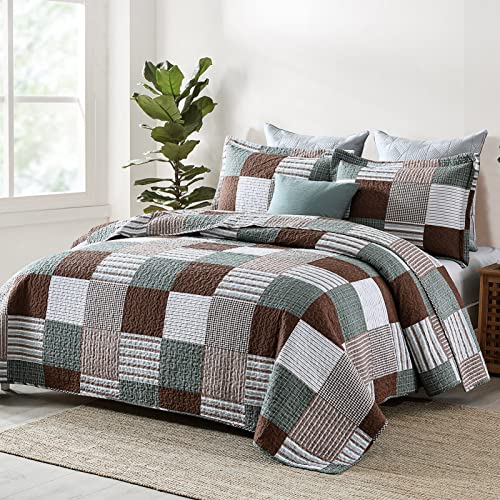 KALOOLA Plaid King Size Quilt Set, 100% Cotton Lightweight Quilted Bedspread with 2 Pillowshams for King Bed, Farmhouse Printed Bedding Set Coverlet for All Season, 3Pcs, Brown/Green - Image 2