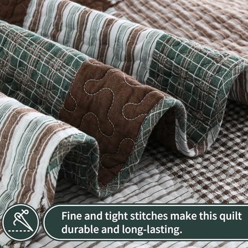 KALOOLA Plaid King Size Quilt Set, 100% Cotton Lightweight Quilted Bedspread with 2 Pillowshams for King Bed, Farmhouse Printed Bedding Set Coverlet for All Season, 3Pcs, Brown/Green - Image 4