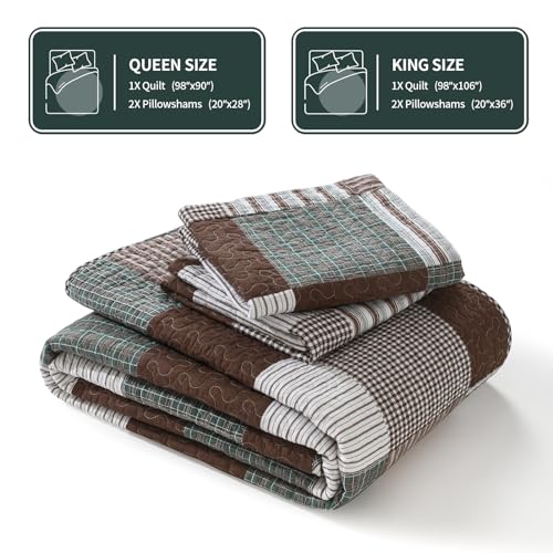 KALOOLA Plaid King Size Quilt Set, 100% Cotton Lightweight Quilted Bedspread with 2 Pillowshams for King Bed, Farmhouse Printed Bedding Set Coverlet for All Season, 3Pcs, Brown/Green - Image 5