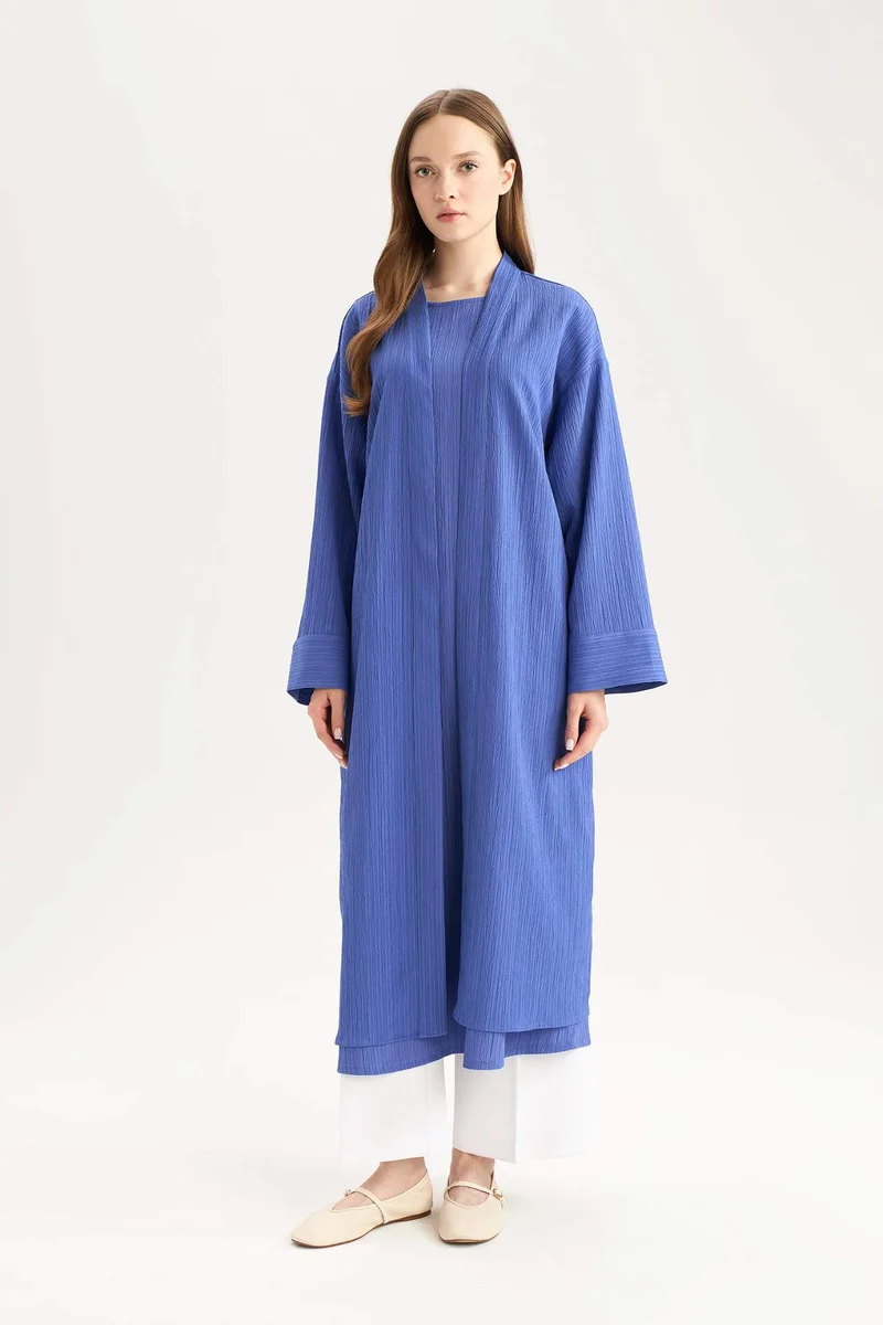 ديفاكتو Relax Fit Shawl Collar Crinkle Fabric Long Kimono