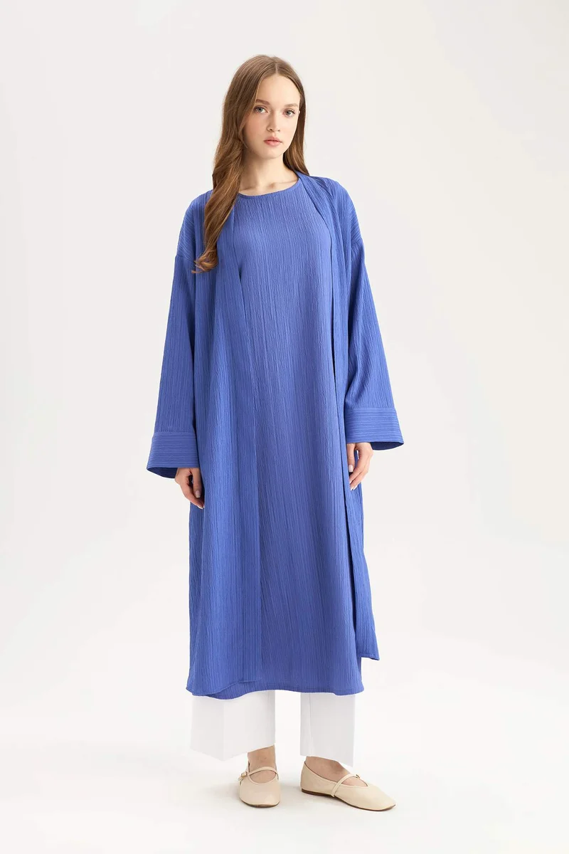 ديفاكتو Relax Fit Shawl Collar Crinkle Fabric Long Kimono