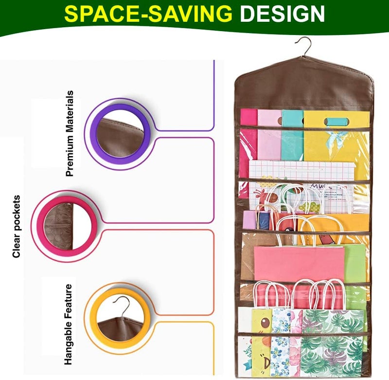 ProPik Hanging Double Sided Gift Bag Storage Organizer with Multiple Front and Back Pockets - Organize Your Gift Wrap, Tissue Paper, and Paper Bags 38 x 16 Inch PVC (Brown) - Image 3